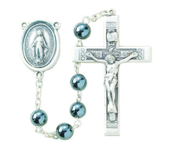 6mm Genuine Hematite Bead Rosary in Sterling Silver - Gray