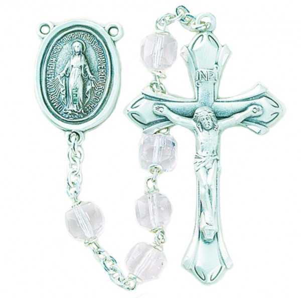 8mm Tin Cut Light Rose Cube Crystal Bead Rosary in Sterling Silver - Light Rose