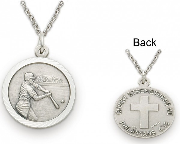 Baseball Sports Medal with Chain 3/4 inch - Silver