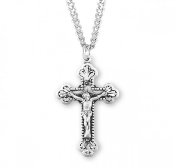 Beaded Edge Lily Tip Men's Crucifix Necklace - Sterling Silver