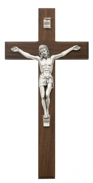 Beveled Walnut With Silver tone Crucifix, 10 Inch - Brown