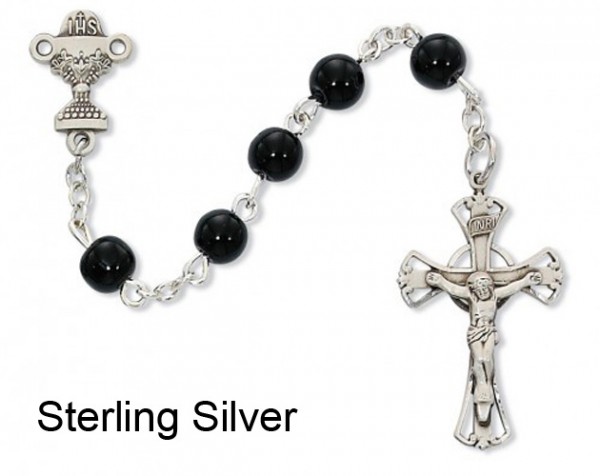 Black Glass First Communion Chalice Rosary - Black | Silver