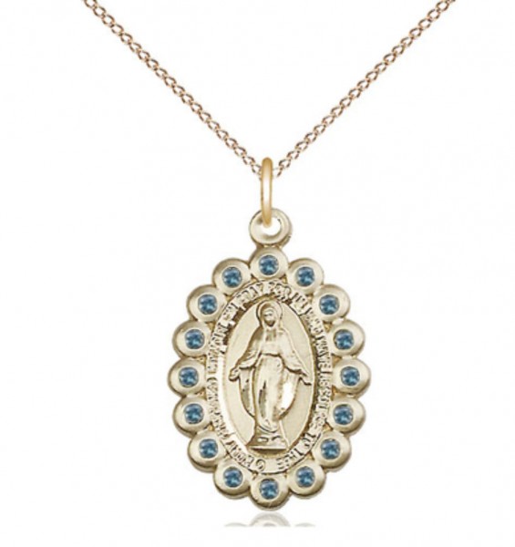 Blue Crystal Stone Border Miraculous Medal Necklace - 14KT Gold Filled