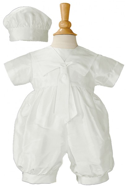 Boys Silk Dupioni Romper with Sailor Collar - White