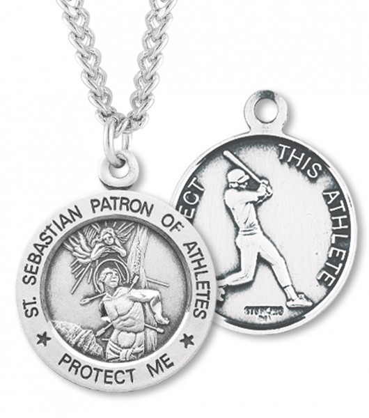 Men's Sterling Silver Round Saint Sebastian Baseball Medal - Sterling Silver