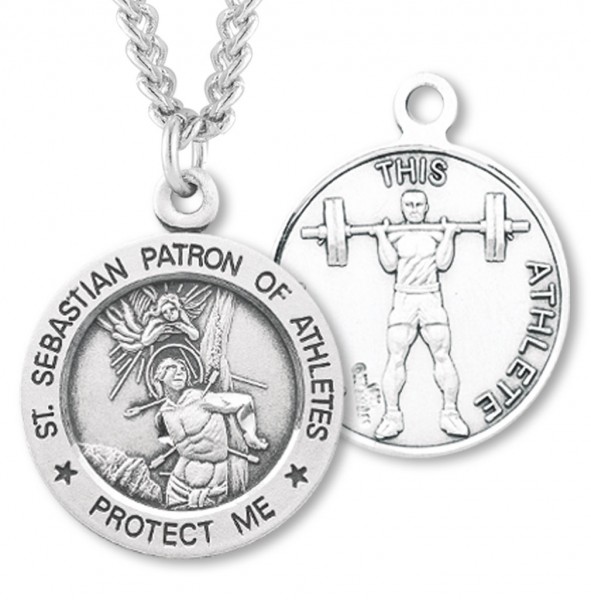 Men's Sterling Silver Round Saint Sebastian Weightlifting Medal - Sterling Silver