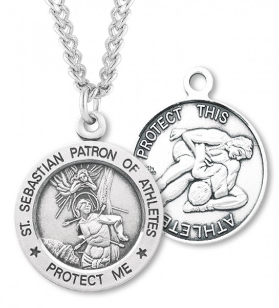 Men's Sterling Silver Round Saint Sebastian Wrestling Medal - Sterling Silver