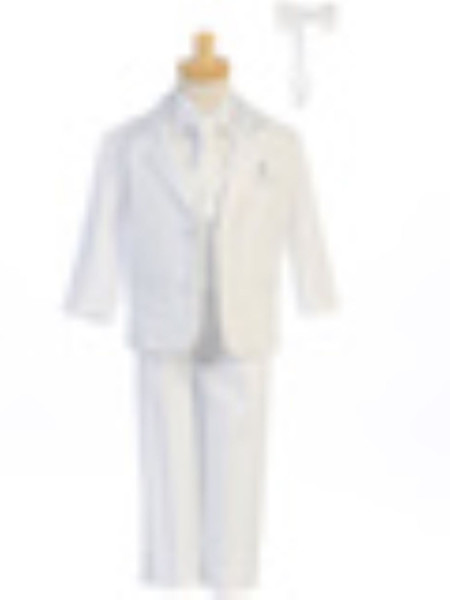 Boy's White 2 Button Tuxedo with Vest and Bowtie - White