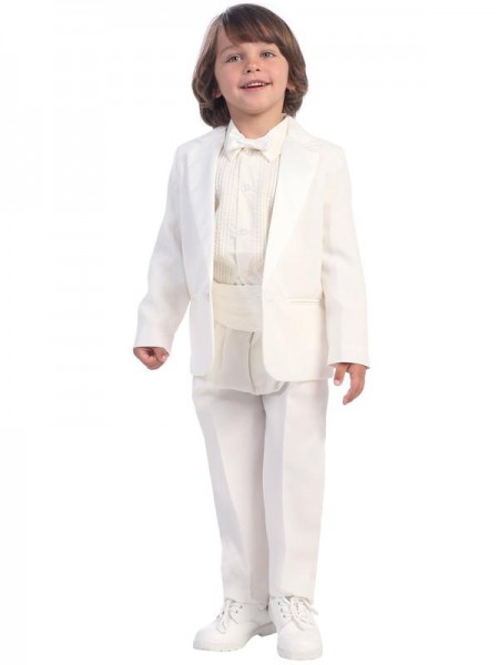 Boy's White Tuxedo With Cummerbund And Bowtie - White