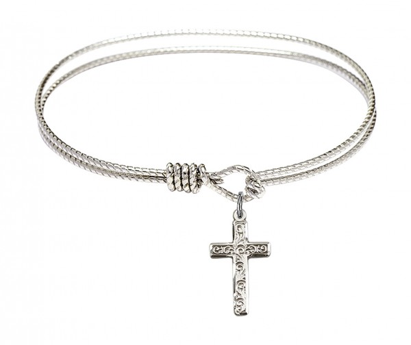 Cable Bangle Bracelet with a Cross Charm - Silver