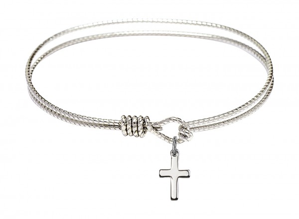 Cable Bangle Bracelet with a Cross Charm - Silver