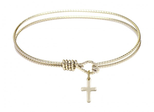 Cable Bangle Bracelet with a Cross Charm - Gold