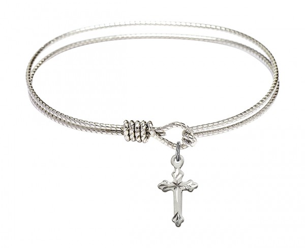 Cable Bangle Bracelet with a Cross Charm - Silver