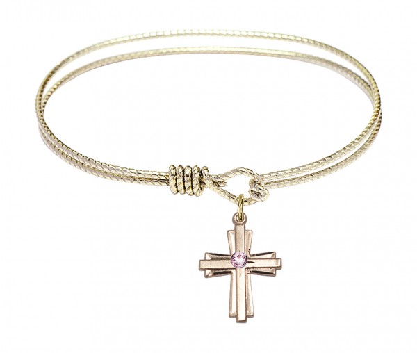 Cable Bangle Bracelet with a Cross Charm - Light Amethyst