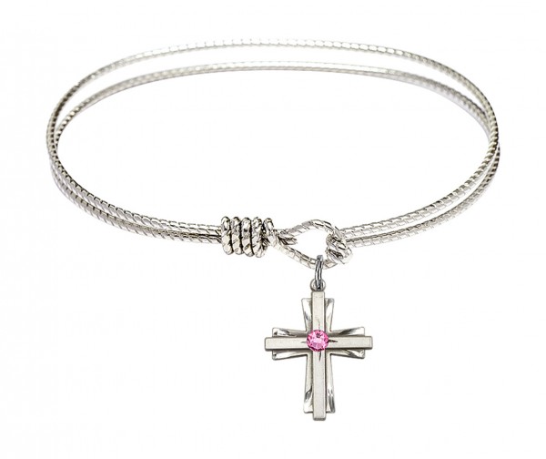 Cable Bangle Bracelet with a Cross Charm - Rose