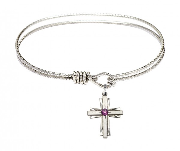Cable Bangle Bracelet with a Cross Charm - Amethyst
