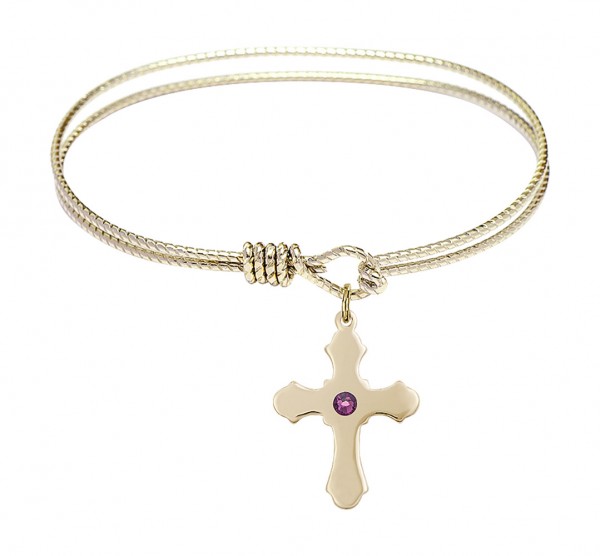 Cable Bangle Bracelet with a Cross Charm - Amethyst