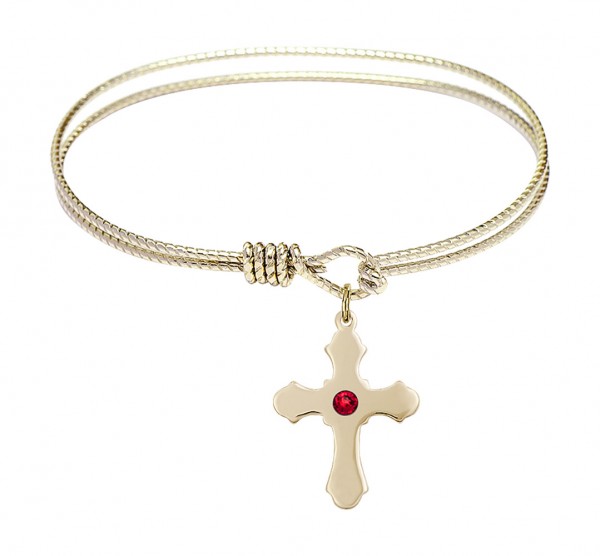 Cable Bangle Bracelet with a Cross Charm - Ruby Red
