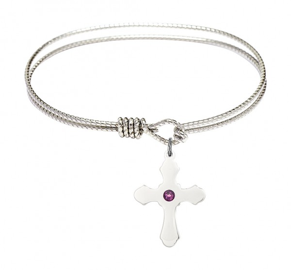 Cable Bangle Bracelet with a Cross Charm - Amethyst