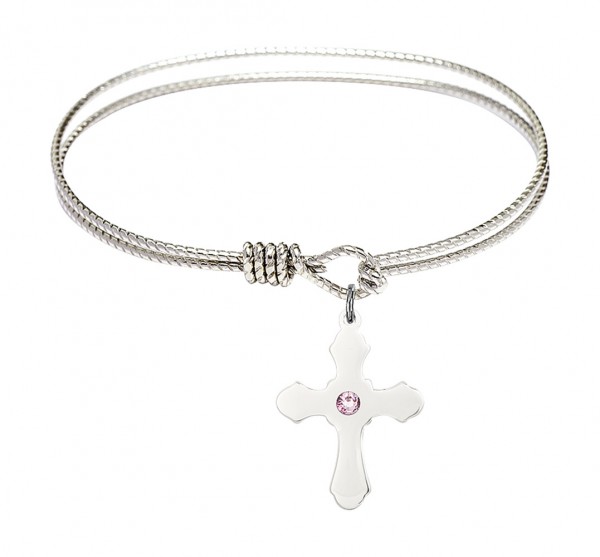 Cable Bangle Bracelet with a Cross Charm - Light Amethyst