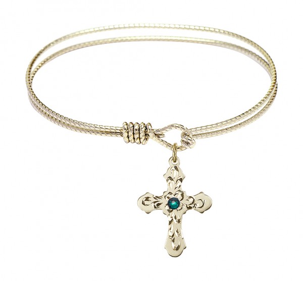 Cable Bangle Bracelet with a Cross Charm - Emerald Green