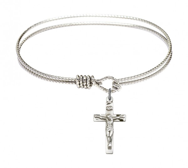 Cable Bangle Bracelet with a Crucifix Charm - Silver