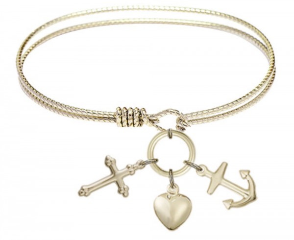 Cable Bangle Bracelet with a Faith, Hope &amp; Charity Charm - Gold