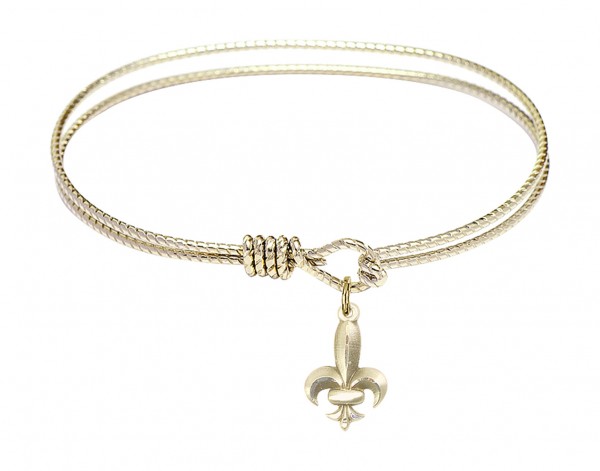 Cable Bangle Bracelet with a Fleur de Lis Charm - Gold