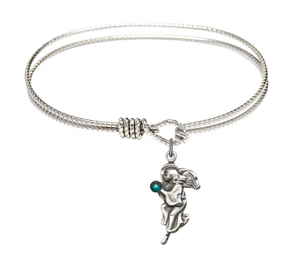 Cable Bangle Bracelet with a Guardian Angel Charm - Emerald Green
