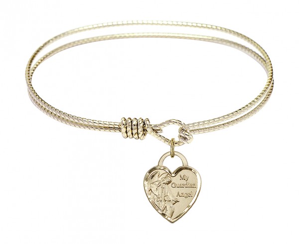 Cable Bangle Bracelet with a Guardian Angel Heart Charm - Gold