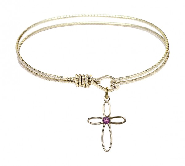 Cable Bangle Bracelet with a Loop Cross Charm - Amethyst