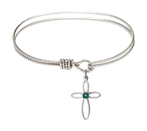 Cable Bangle Bracelet with a Loop Cross Charm - Emerald Green
