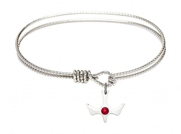 Cable Bangle Bracelet with a Petite Holy Spirit Charm and Birthstone - Ruby Red