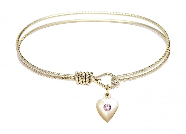 Cable Bangle Bracelet with a Puff Heart Charm - Light Amethyst