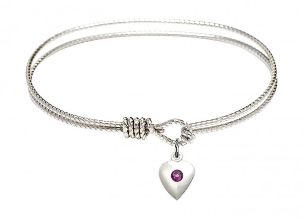 Cable Bangle Bracelet with a Puff Heart Charm - Amethyst
