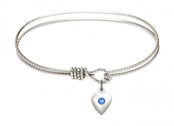 Cable Bangle Bracelet with a Puff Heart Charm - Sapphire