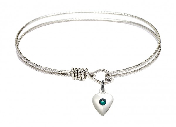 Cable Bangle Bracelet with a Puff Heart Charm - Emerald Green