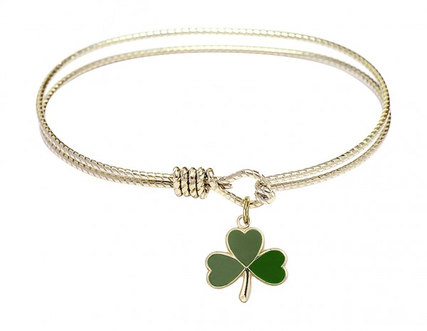 Cable Bangle Bracelet with a Shamrock Charm - Gold