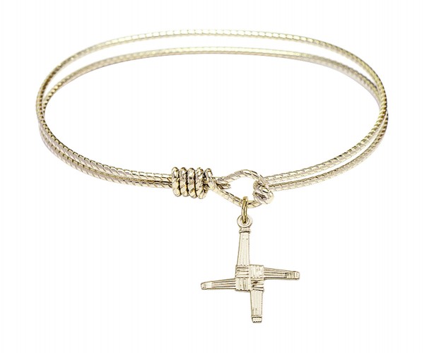 Cable Bangle Bracelet with a Textured Saint Brigid Cross Charm - Gold
