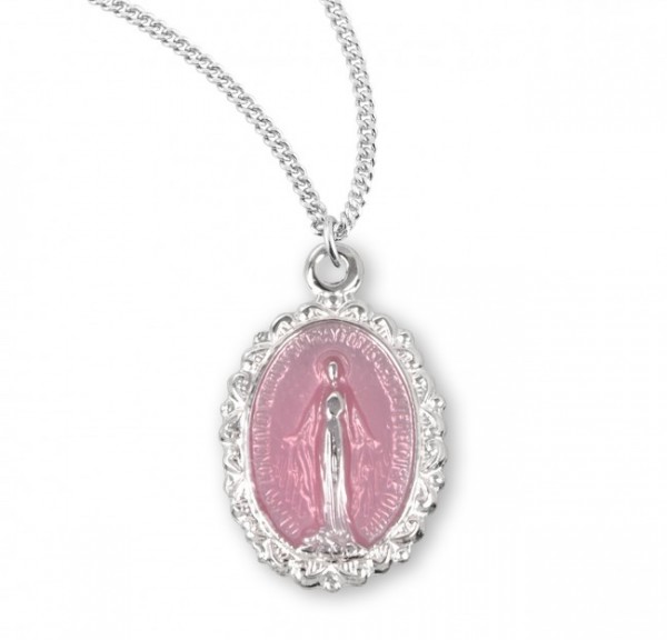 Child Size Fleur De Lis Border Miraculous Medal - Sterling Silver | Pink Enamel