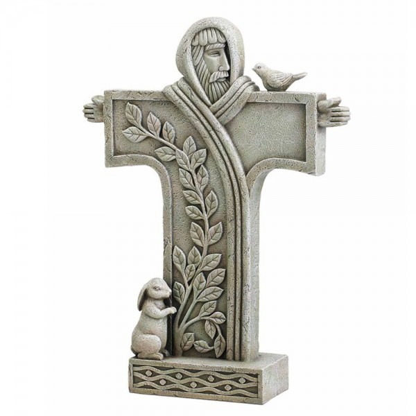 Contemporary Saint Francis Standing Cross Garden Statue 18&quot; High - Stone Finish