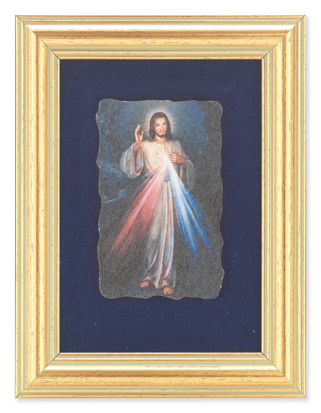 Divine Mercy 5x6.5 Velvet Back Gold Frame - Blue