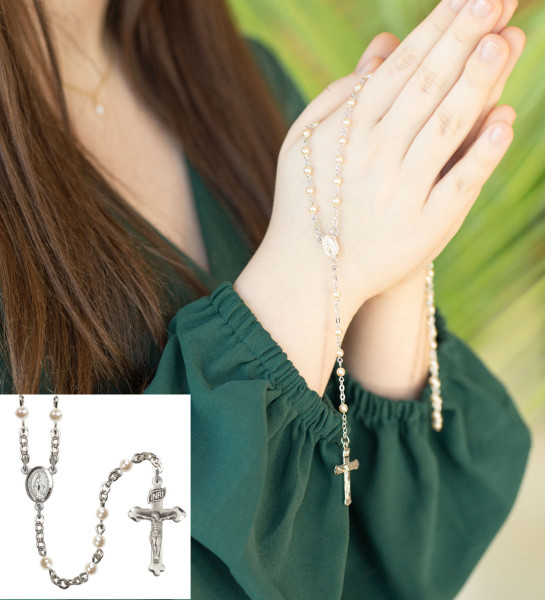 Faux Pearl 4mm Rosary with Miraculous Centerpiece - Silver-tone