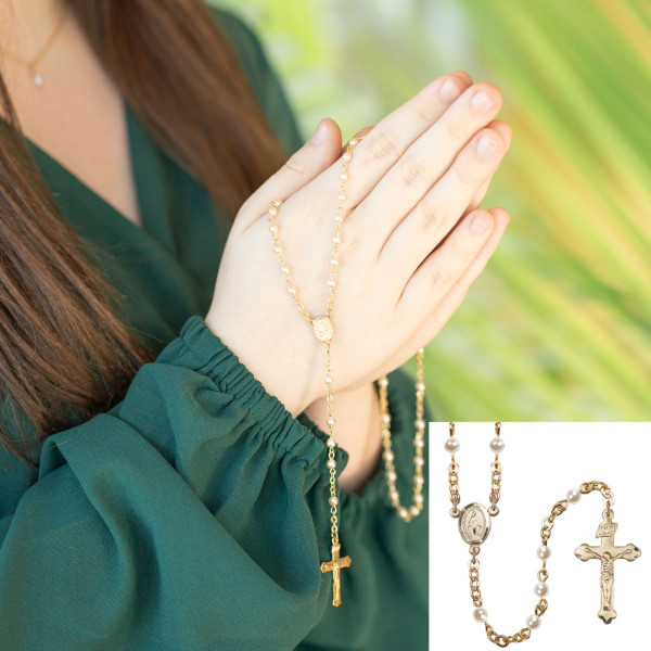 Faux Pearl 4mm Rosary with Miraculous Centerpiece - Gold Plated