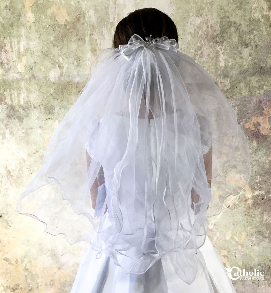 First Communion Hair Clip with Veil and Flower Cluster - White
