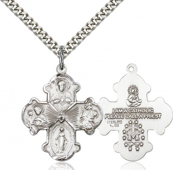 Men's Wide Tip Four Way Medal with Radiant Heart Center - Sterling Silver