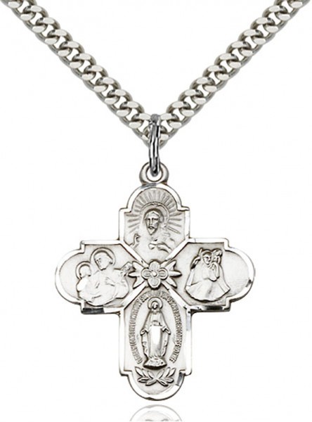 Men's Budded Tip Floral Center Four-Way Medal - Sterling Silver