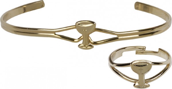 Girls First Communion Chalice Bracelet and Ring Set Silver or Gold Plated - Gold