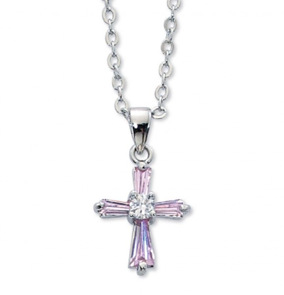Girls Pink Cubic Zirconia Cross Necklace - Pink