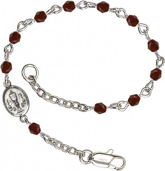 Girls Silver Chalice First Communion Bracelet 4mm Crystal Beads - Garnet